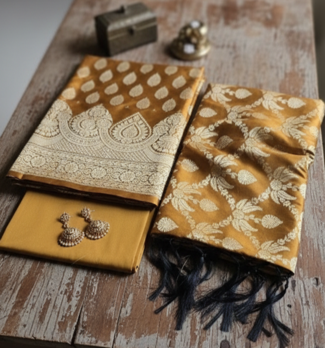 Katan Silk Dress Material Mustard